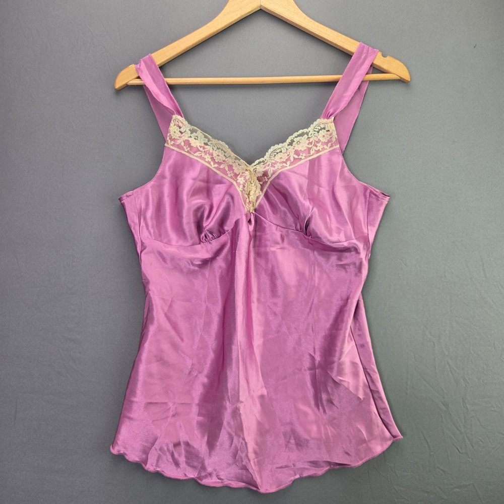 Vintage Satin Camisole Lace Trim V-Neck Tank Top S Purple Orchid Y2K Layering